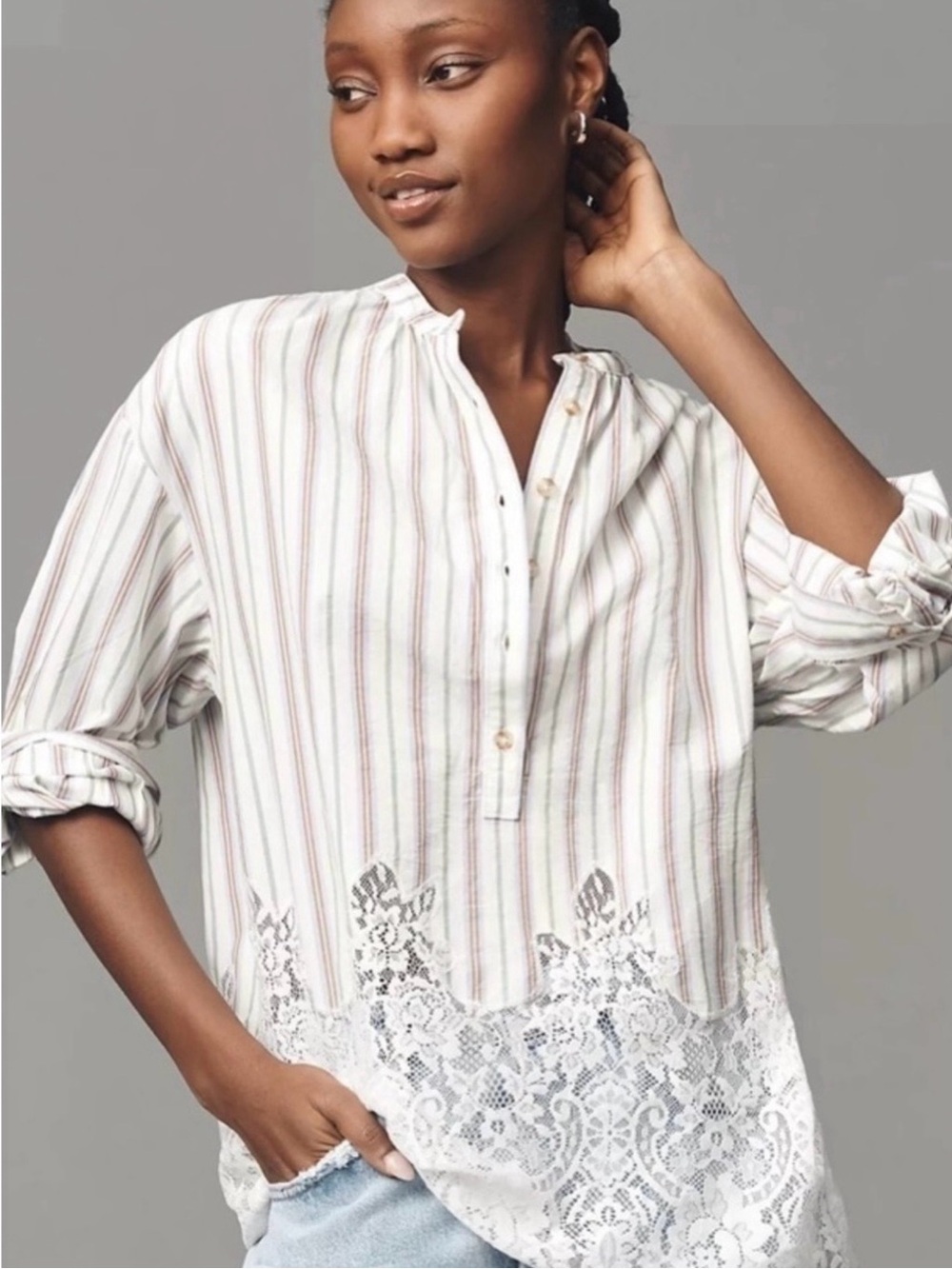 Pilcro White Striped Lace-Hem Tunic Blouse